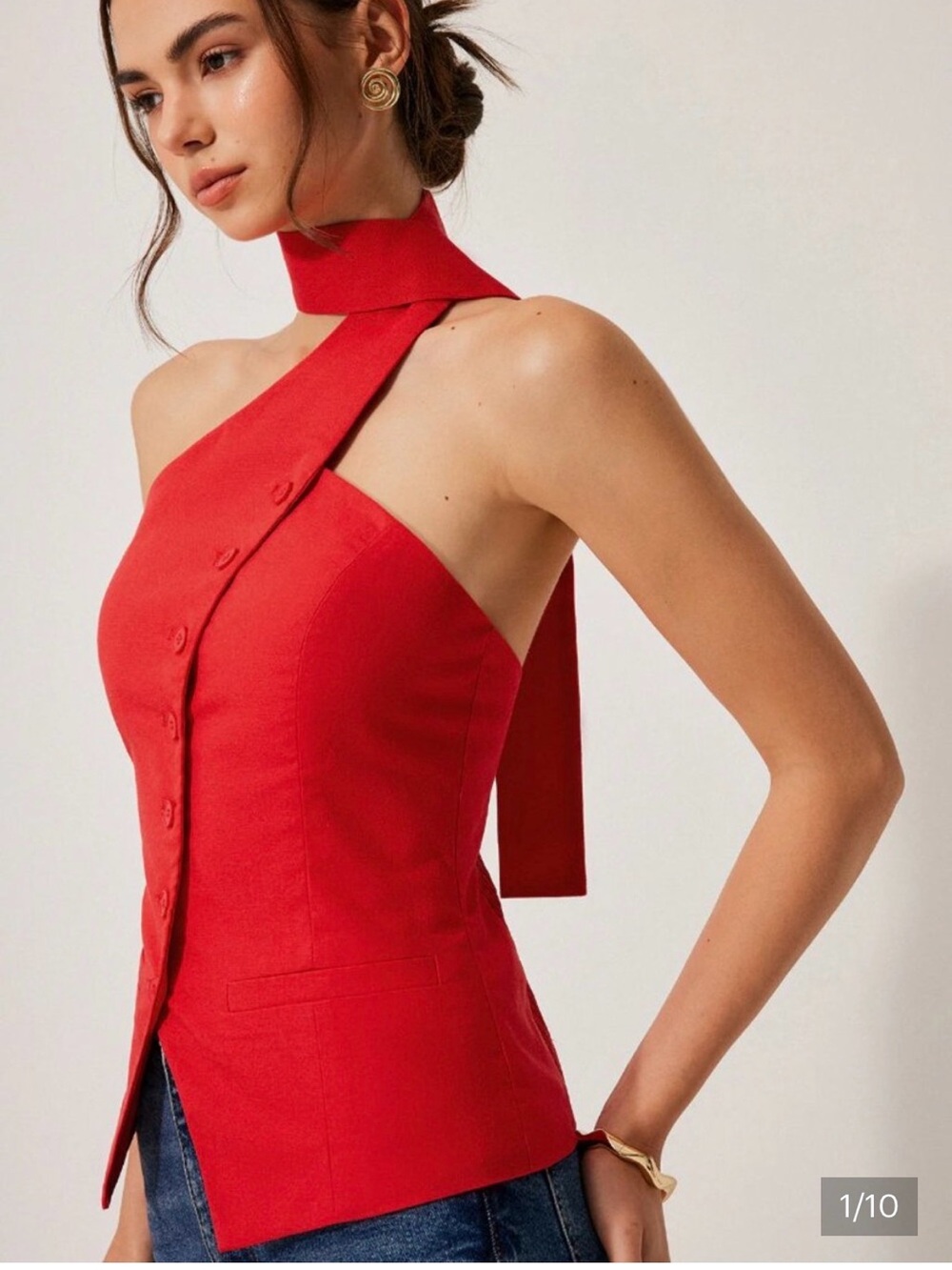 Commense Red One-Shoulder Button-Front Women's Dress Top